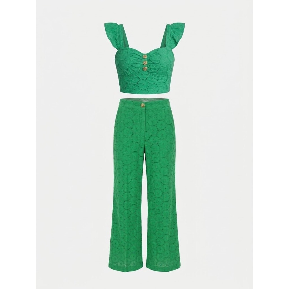 NWT Love Stitch Pants Womens S Green Embroidered Eyelet Boho Resort  Chic